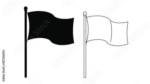 Two flags waving in the wind one black and one white silhouette