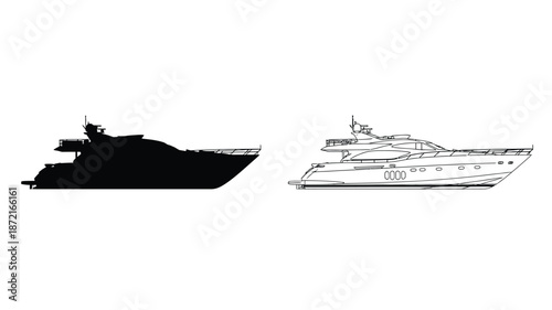 Yacht design comparison showing a detailed illustration and its black silhouette