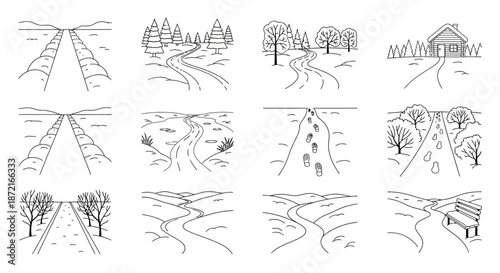 Simple line art illustrations of nature and paths