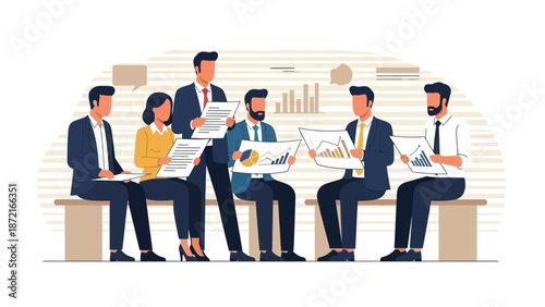 Business Meeting: Team Collaboration Discussing Financial Reports and Charts