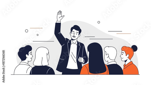 Man Raising Hand in Meeting, Group Listening to Speaker, Business Concept