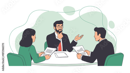 Business meeting with three people discussing documents at a round table