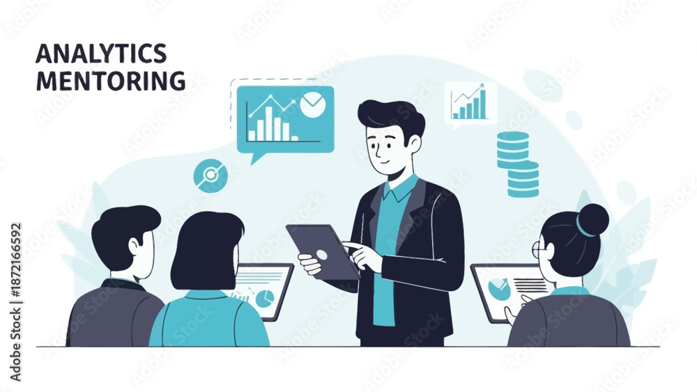 Naklejka premium Business Analytics Mentoring Session with Charts and Data