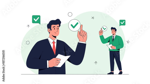 Businessmen with Checkmarks Illustrating Success, Approval, and Task Completion