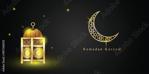 Ramadan Kareem Background luxury islamic Golden Lantern and Moon suitable for greeting cards, banners, posters and Ramadan web
