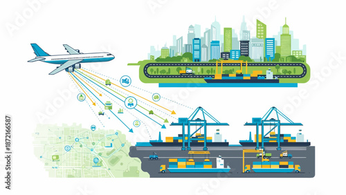Global Logistics Network Airplane Port and City Connection.