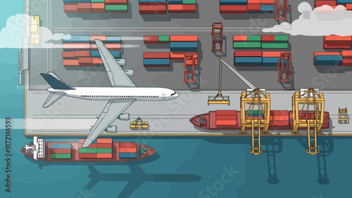 Global Logistics Hub Airplane Ship and Container Port Illustration.