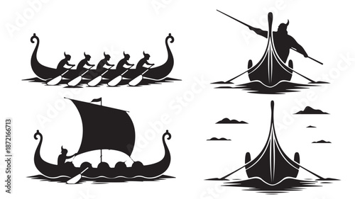 Viking Boats Sailing on Water with Oars and Sails