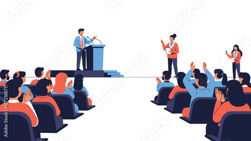A dynamic scene depicts a speaker at a podium addressing an audience on one side, while attendees on the other side engage and ask questions.