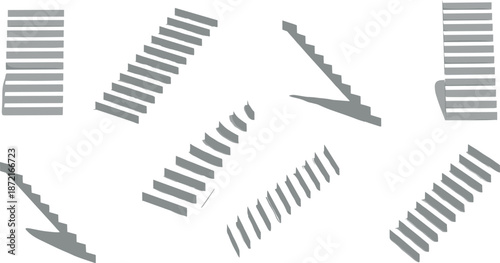 Collection of staircase silhouette illustrations in various angles and perspectives, perfect for architecture, construction, and interior design projects