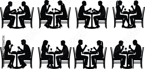Couple dining silhouette set vector illustration, romantic dinner dates at restaurant table, man woman eating drinking conversation isolated white background lifestyle design concept graphic