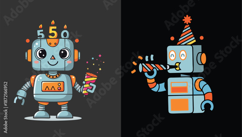 Cute Birthday Robot Jumping Out of Gift Box, 3D Cartoon Illustration