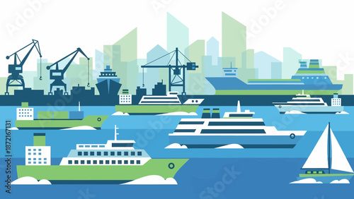 Vibrant Port Scene An Array of Ships and Cranes.