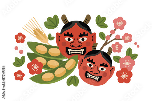 Japanese setsubun festival oni masks and soybeans