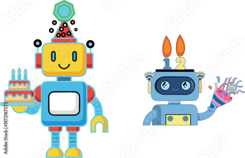 Cute Birthday Robot Jumping Out of Gift Box, 3D Cartoon Illustration