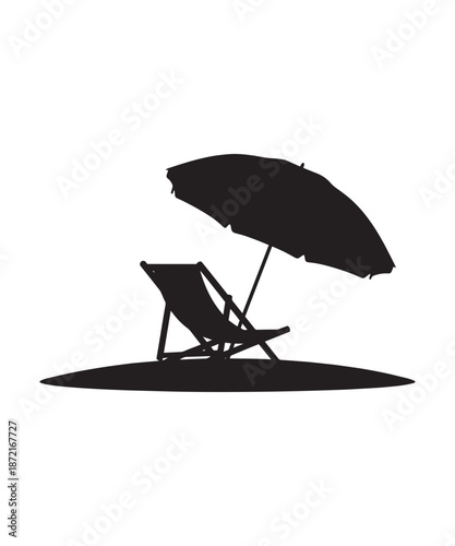 Silhouette of a beach chair and umbrella on a sandy island, representing relaxation and vacation.