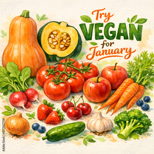Try Vegan for January – Colorful Fresh Vegetables and Fruits. Vector Illustration, Minimalist Style, Editable Stroke, Healthy Eating Concept.