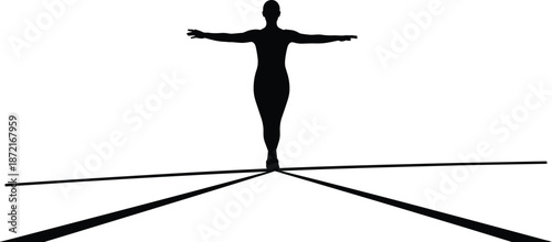 Human balance silhouette illustration, person standing with arms open on abstract lines, minimal concept vector design, stability equilibrium freedom metaphor isolated white background