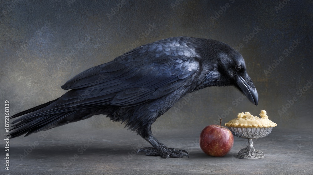 Fototapeta premium Black Raven Bends Over Apple and Pie in a Dark Textured Still Life Scene