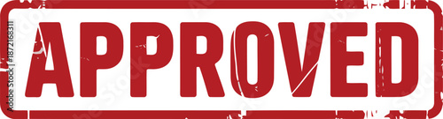 A rectangular grunge textured red approved rubber stamp on a clean white background