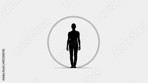 A black silhouette of a man standing inside a large circle on a white background for design and conceptual use with illustration and graphic