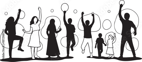 Silhouettes of people celebrating with raised hands together