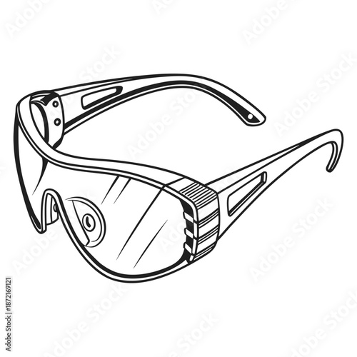 Black outlined drawing showcases protective eyewear with sturdy frames and adjustable temple arms for secure wear