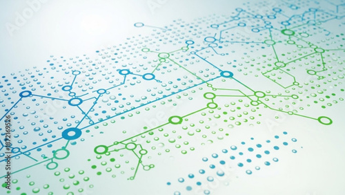 Abstract network structure with interconnected nodes and lines in blue and green hues on white background with technology and futuristic and digital