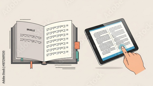 Braille book and digital tablet with text on screen illustration for accessibility and reading concepts with inclusive and education and assistive