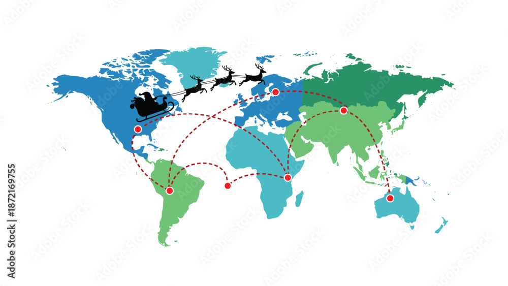 Fototapeta premium A colorful world map illustrates Santa Claus and his reindeer traveling along a dotted red path, symbolizing global Christmas gift delivery routes.