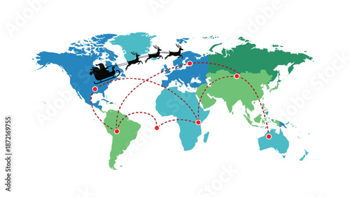 A colorful world map illustrates Santa Claus and his reindeer traveling along a dotted red path, symbolizing global Christmas gift delivery routes.