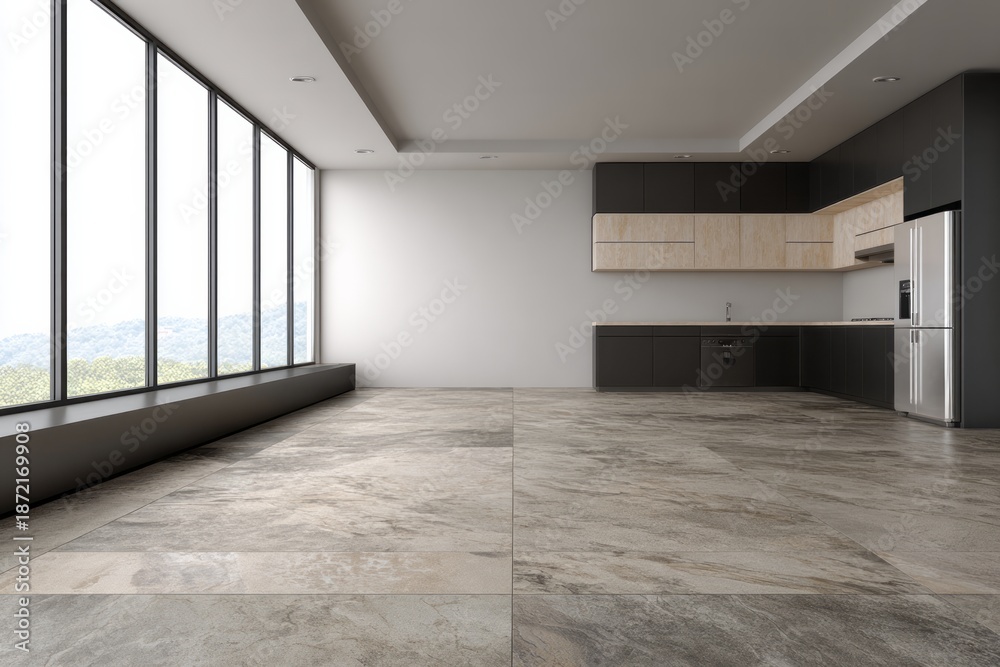 Fototapeta premium Modern kitchen with large windows and natural light showcases expansive flooring.