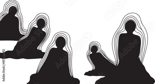 Family Silhouettes with Aura Lines on White Background