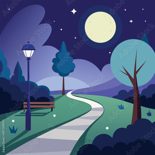 Serene nighttime park path under a full moon.