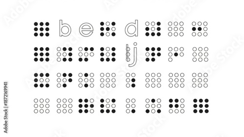 Braille alphabet characters and letters in black and white dot patterns on white background with accessibility and visual impairment and typography