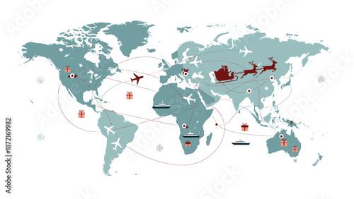 A detailed world map displays Santa Claus and various transportation methods, including planes and ships, representing global Christmas gift logistics.