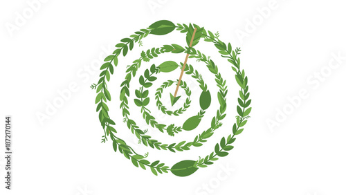 A unique spiral target, intricately crafted from green leaves, is struck by a brown arrow, symbolizing eco-friendly goals and precision in nature.