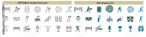 Volleyball Game and Sports Vector Icon Set with Editable Outline and Flat Shape Style. 
