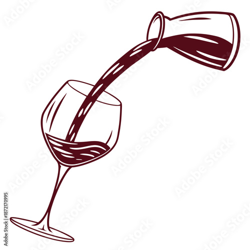 Red wine flowing from the carafe to the wine glass in a beautiful line drawing