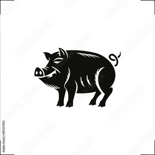 Simple black reveals a pig with a curled tail on white