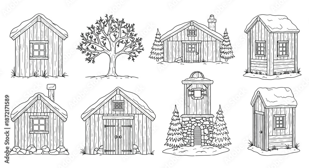 Fototapeta premium Collection of rustic cabins and structures