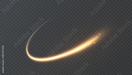 Golden glowing light trail forming a curved arc, featuring a bright core and shimmering dust particles, creating an energetic and elegant visual effect against a transparent background

