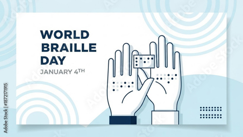 World braille day january 4th illustration with hands reading braille on light blue background with Accessibility and Disability Awareness and Tactile Graphics