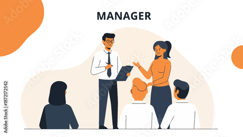 Manager leading team meeting, business discussion, planning and teamwork concept