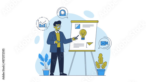 Businessman presenting idea on whiteboard with charts and plants