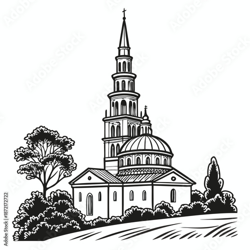 Black and white sketch showcases architecture alongside trees and shrubbery in beautiful detail