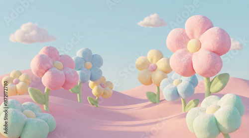 Cute 3D pastel flower garden landscape with fluffy texture and clouds on blue sky background for spring fantasy concept