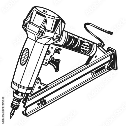 Monochrome outline shows a nail gun with a power cord on the white backdrop