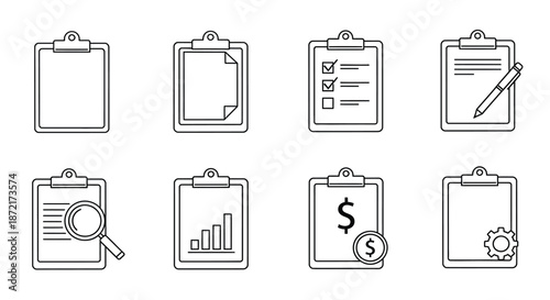Set of clipboard icons representing various tasks