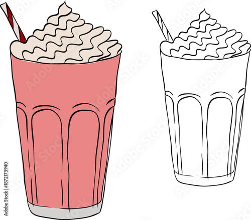 Milk shake Isolated hand drawn illustration. Vector graphic line ink colored art. Silhouette sign for logo, print, comics, fashion, pop art, boards, design, stickers, decoration, posters